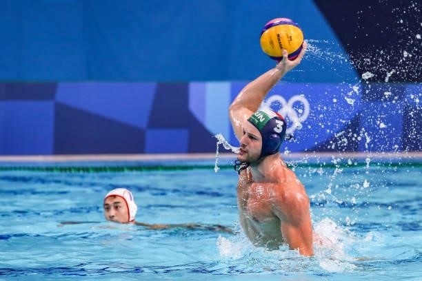 Krisztian Manhercz of Hungary during the Tokyo 2020 Olympic Waterpolo Tournament men match between Japan and Hungary at Tatsumi Waterpolo Centre on...