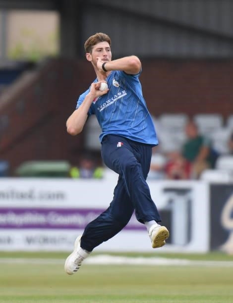 Ben Aitchison of Derbyshire bowls during the Royal London Cup match between Derbyshire and Warwickshire at The Incora County Ground on July 27, 2021...