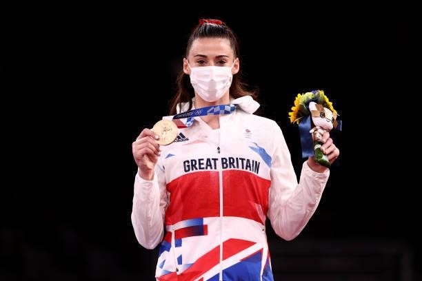 Bronze medalist Bianca Walkden of Team Great Britain poses with the bronze medal for the Women's +67kg Taekwondo on day four of the Tokyo 2020...