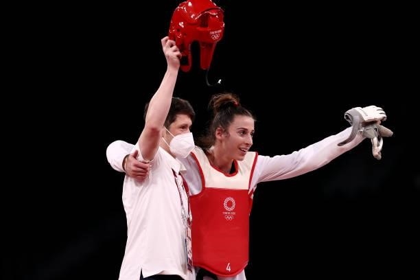 Bianca Walkden of Team Great Britain celebrates after defeating Aleksandra Kowalczuk of Team Poland during the Women's +67kg Taekwondo Bronze Medal...