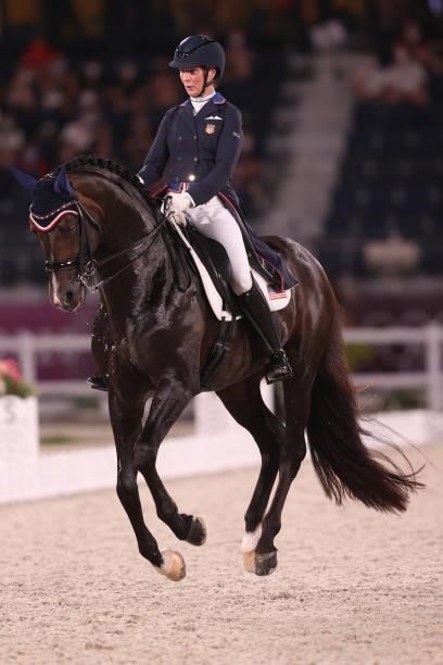 Sabine Schut-Kery of Team USA riding Sanceo competes in the Dressage Team Grand Prix Special Team Final on day four of the Tokyo 2020 Olympic Games...