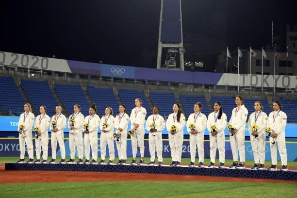 Team United States receives their silver medals after losing 2-0 to Team Japan in the Softball Gold Medal Game between Team Japan and Team United...