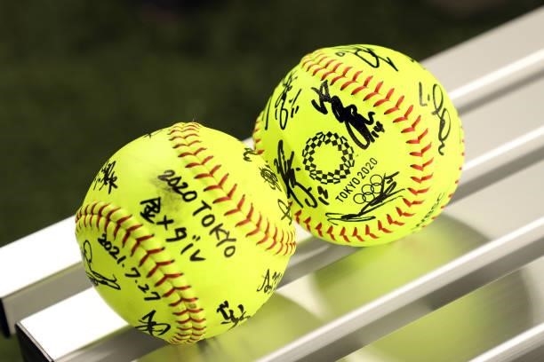 Autographed softballs are seen following the Softball Gold Medal Game where Team Japan defeated Team United States 2-0 on day four of the Tokyo 2020...