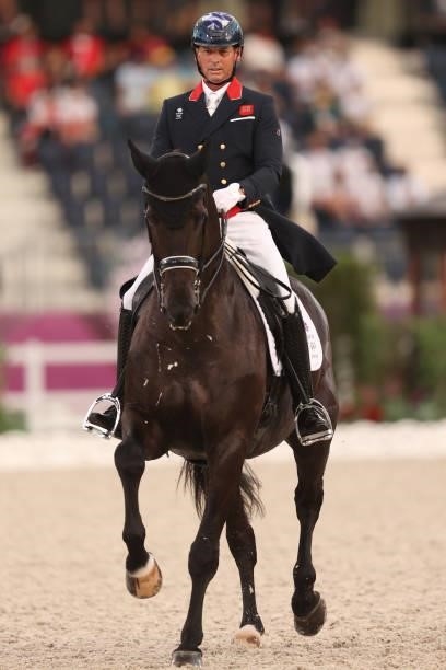 Carl Hester of Team Great Britain riding En Vogue competes in the Dressage Team Grand Prix Special Team Final on day four of the Tokyo 2020 Olympic...