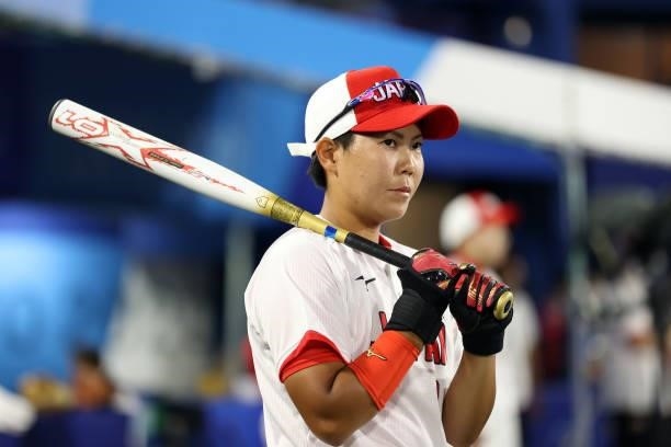 Minori Naito of Team Japan looks on during the Softball Gold Medal Game between Team Japan and Team United States on day four of the Tokyo 2020...
