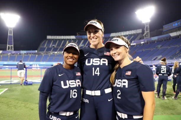 Michelle Moultrie, Monica Abbott, and Alison Aguilar of Team United States pose for a photo prior to the Women's Gold medal between Team Mexico and...