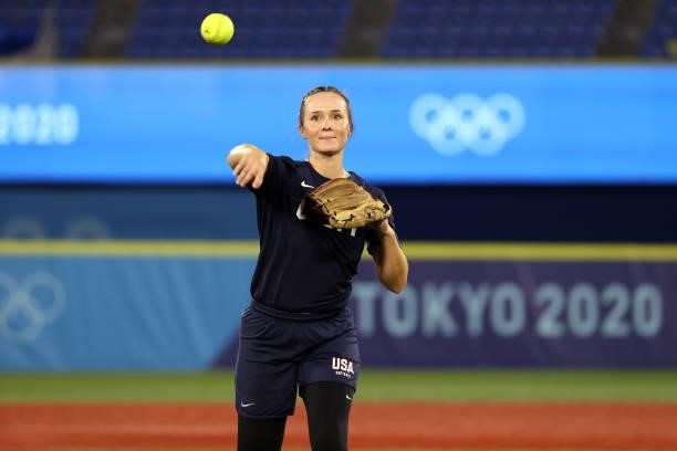 Alison Aguilar of Team United States warms up prior to the Softball Gold Medal Game between Team Japan and Team United States on day four of the...