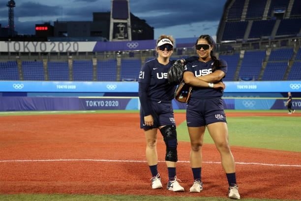 Rachel Garcia and Dejah Mulipola of Team United States pose for a photo prior to the Women's Gold medal between Team Mexico and Team Canada game on...