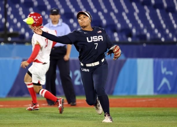 Kelsey Stewart of Team United States throws to first base during the Softball Gold Medal Game between Team Japan and Team United States on day four...