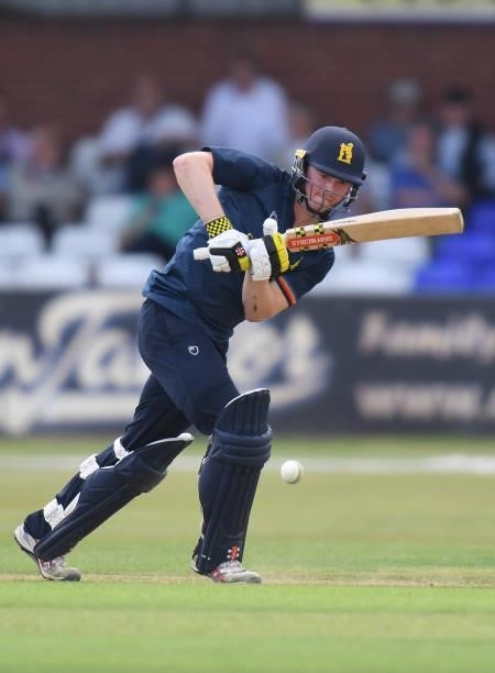 Ed Pollock of Warwickshire bats during the Royal London Cup match between Derbyshire and Warwickshire at The Incora County Ground on July 27, 2021 in...