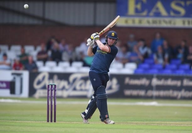Ed Pollock of Warwickshire bats during the Royal London Cup match between Derbyshire and Warwickshire at The Incora County Ground on July 27, 2021 in...