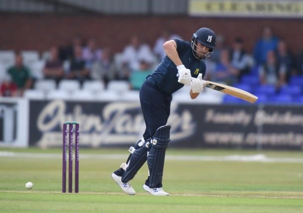 Will Rhodes of Warwickshire bats during the Royal London Cup match between Derbyshire and Warwickshire at The Incora County Ground on July 27, 2021...