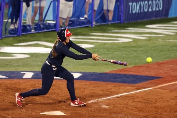 Amanda Chidester of Team United States bats during the Softball Gold Medal Game between Team Japan and Team United States on day four of the Tokyo...