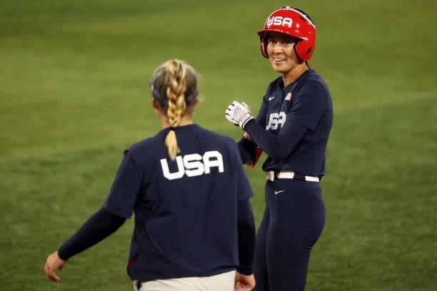 Janette Reed of Team United States reacts after hitting a single in the sixth inning during the Softball Gold Medal Game between Team Japan and Team...