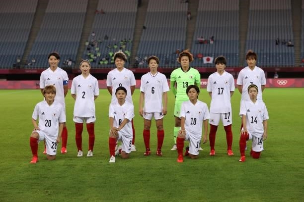 Players of Team Japan pose for a team photograph prior to the Women's Group E match between Chile and Japan on day four of the Tokyo 2020 Olympic...
