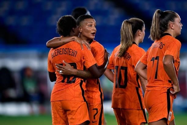 Lineth Beerensteyn of the Netherlands celebrates with Shanice van de Sanden of the Netherlands after scoring her sides second goal during the Tokyo...