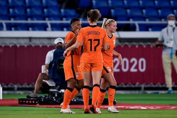 Shanice van de Sanden of the Netherlands celebrates with Dominique Janssen of the Netherlands after scoring her sides first goal during the Tokyo...