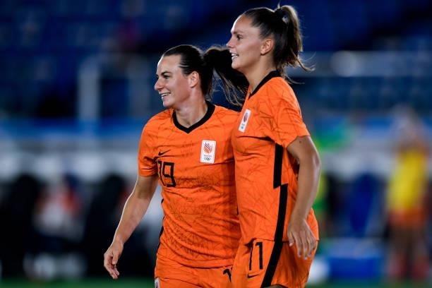 Lieke Martens of the Netherlands celebrates after scoring her sides fourth goal with Renate Jansen of the Netherlands during the Tokyo 2020 Olympic...