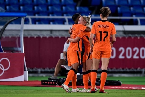 Shanice van de Sanden of the Netherlands celebrates with Jackie Groenen of the Netherlands after scoring her sides first goal during the Tokyo 2020...