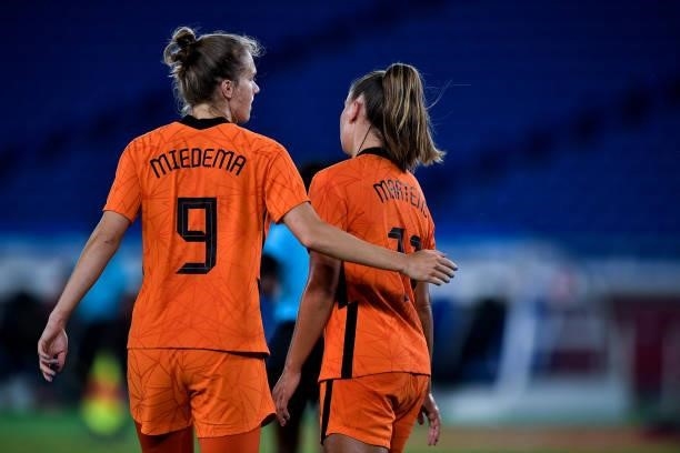Lieke Martens of the Netherlands celebrates with Vivianne Miedema of the Netherlands after scoring her sides sixth goal during the Tokyo 2020 Olympic...