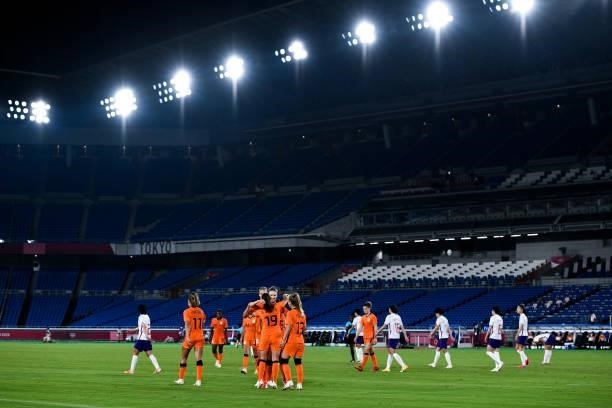 Vivianne Miedema of the Netherlands celebrates after scoring her sides ninth goal during the Tokyo 2020 Olympic Womens Football Tournament match...