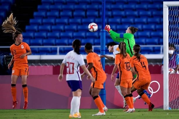 Sari van Veenendaal of the Netherlands makes a save during the Tokyo 2020 Olympic Womens Football Tournament match between Netherlands and China at...