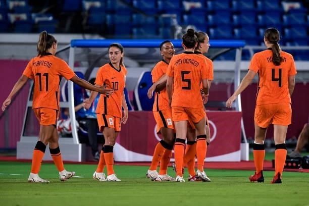 Shanice van de Sanden of the Netherlands celebrates with her team mates after scoring her sides first goal during the Tokyo 2020 Olympic Womens...