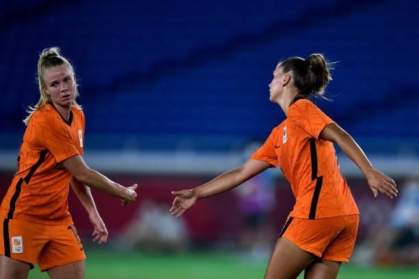 Lieke Martens of the Netherlands celebrates with Kika van Es of the Netherlands after scoring her sides sixth goal during the Tokyo 2020 Olympic...