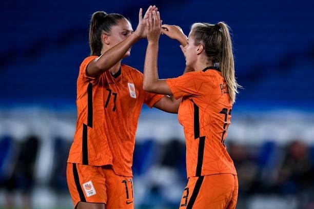 Victoria Pelova of the Netherlands celebrates with Lieke Martens of the Netherlands after scoring her sides seventh goal during the Tokyo 2020...