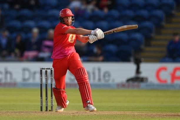 Jonny Bairstow of Welsh Fire hits out during The Hundred match between Welsh Fire and Southern Brave at Sophia Gardens on July 27, 2021 in Cardiff,...