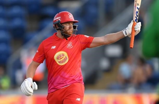 Jonny Bairstow of Welsh Fire reaches his half century during The Hundred match between Welsh Fire and Southern Brave at Sophia Gardens on July 27,...
