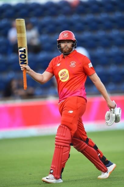 Jonny Bairstow of Welsh Fire raises his bat after scoring 72 runs during The Hundred match between Welsh Fire Men and Southern Brave Men at Sophia...