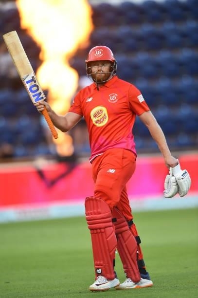 Jonny Bairstow of Welsh Fire raises his bat after scoring 72 runs during The Hundred match between Welsh Fire Men and Southern Brave Men at Sophia...