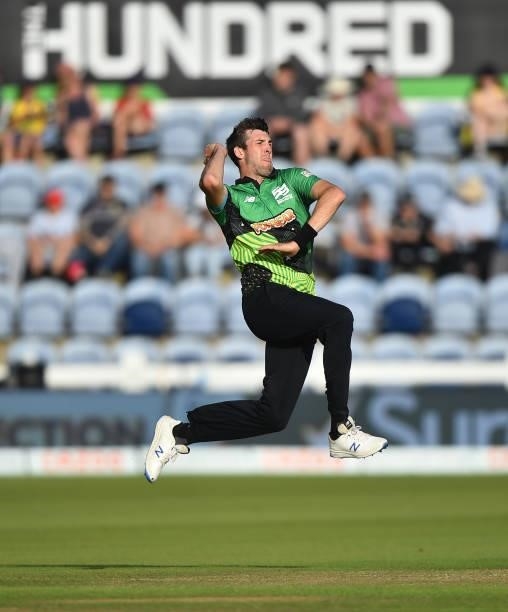 Craig Overton of Southern Brave bowls during The Hundred match between Welsh Fire Men and Southern Brave Men at Sophia Gardens on July 27, 2021 in...