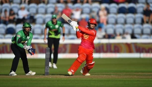 Ben Duckett of Welsh Fire bats during The Hundred match between Welsh Fire Men and Southern Brave Men at Sophia Gardens on July 27, 2021 in Cardiff,...