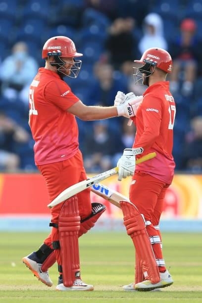Jonny Bairstow and Ben Duckett of Welsh Fire during The Hundred match between Welsh Fire and Southern Brave at Sophia Gardens on July 27, 2021 in...