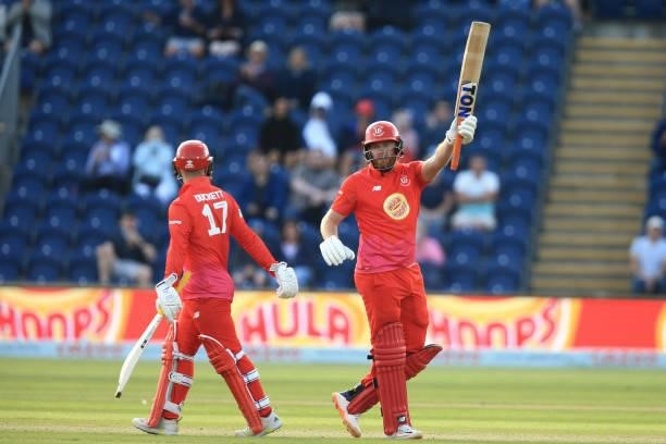 Jonny Bairstow of Welsh Fire brings up 50 during The Hundred match between Welsh Fire and Southern Brave at Sophia Gardens on July 27, 2021 in...