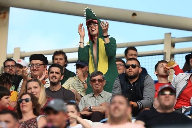 Fan cheers during The Hundred match between Welsh Fire and Southern Brave at Sophia Gardens on July 27, 2021 in Cardiff, Wales.