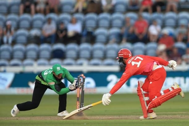 Ben Duckett of Welsh Fire makes his ground during The Hundred match between Welsh Fire and Southern Brave at Sophia Gardens on July 27, 2021 in...