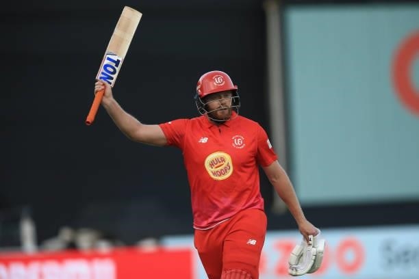 Jonny Bairstow of Welsh Fire is dismissed for 72 during The Hundred match between Welsh Fire and Southern Brave at Sophia Gardens on July 27, 2021 in...