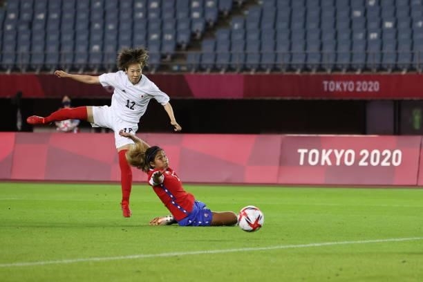 Jun Endo of Team Japan shoots at the goal during the Women's Group E match between Chile and Japan on day four of the Tokyo 2020 Olympic Games at...