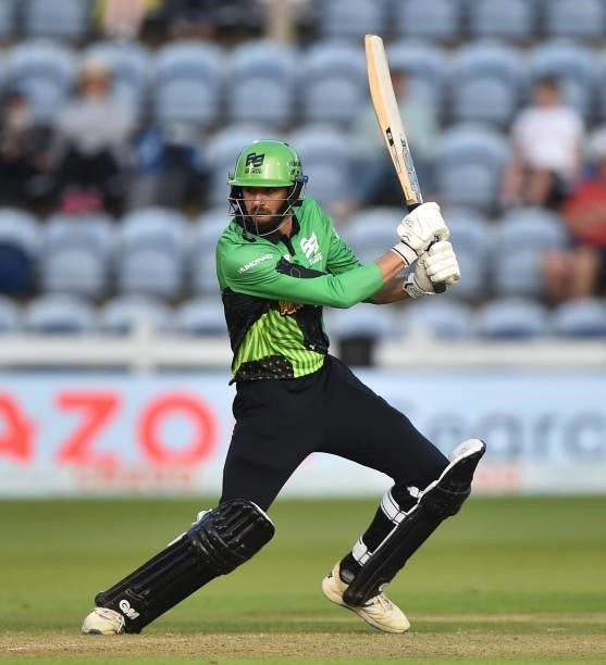 James Vince of Southern Brave bats during The Hundred match between Welsh Fire Men and Southern Brave Men at Sophia Gardens on July 27, 2021 in...
