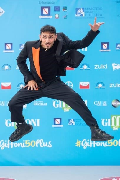 Emanuele Caso, aka Random, attends the blue carpet at the Giffoni Film Festival 2021 on July 27, 2021 in Giffoni Valle Piana, Italy.