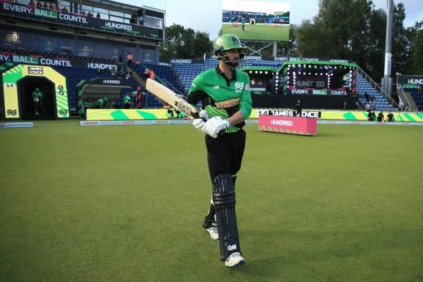 James Vince of Southern Brave walks out to bat during The Hundred match between Welsh Fire and Southern Brave at Sophia Gardens on July 27, 2021 in...