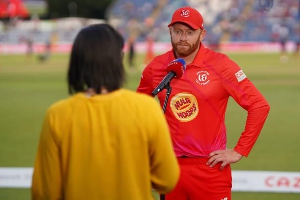 Mel Jones interviews Jonny Bairstow of Welsh Fire during The Hundred match between Welsh Fire and Southern Brave at Sophia Gardens on July 27, 2021...