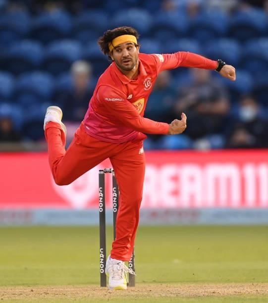 Qais Ahmad of Welsh Fire bowls during The Hundred match between Welsh Fire and Southern Brave at Sophia Gardens on July 27, 2021 in Cardiff, Wales.