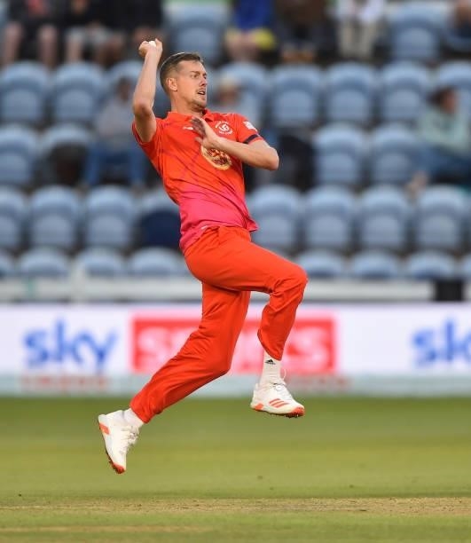 Jake Ball of Welsh Fire runs into bowl during The Hundred match between Welsh Fire Men and Southern Brave Men at Sophia Gardens on July 27, 2021 in...