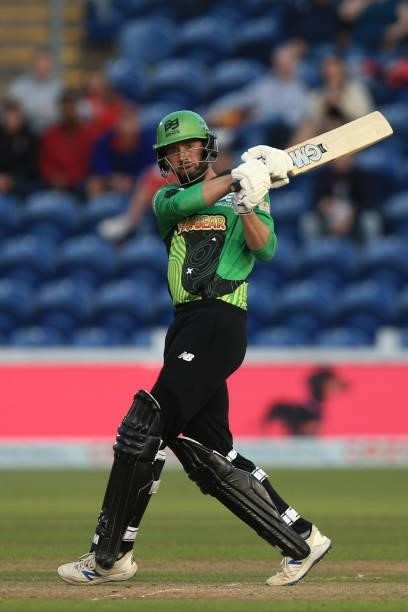 James Vince of Southern Brave hits a boundary during The Hundred match between Welsh Fire and Southern Brave at Sophia Gardens on July 27, 2021 in...