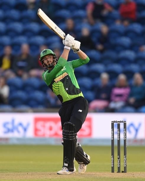 James Vince of Southern Brave hits out during The Hundred match between Welsh Fire and Southern Brave at Sophia Gardens on July 27, 2021 in Cardiff,...