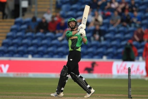 James Vince of Southern Brave plays a pull shot during The Hundred match between Welsh Fire and Southern Brave at Sophia Gardens on July 27, 2021 in...